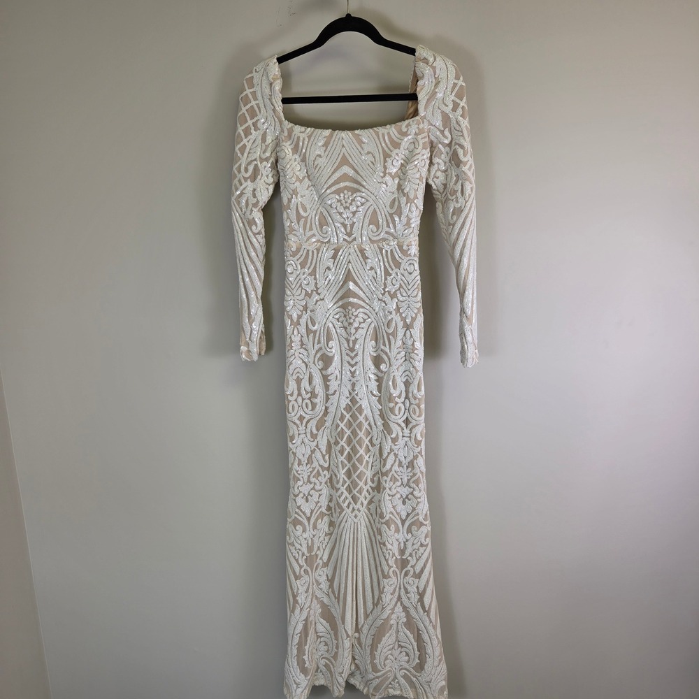 Windsor White Sequin Nude Mesh Long Sleeve Mermaid Gown SYM1810WD Womens S SZ 4